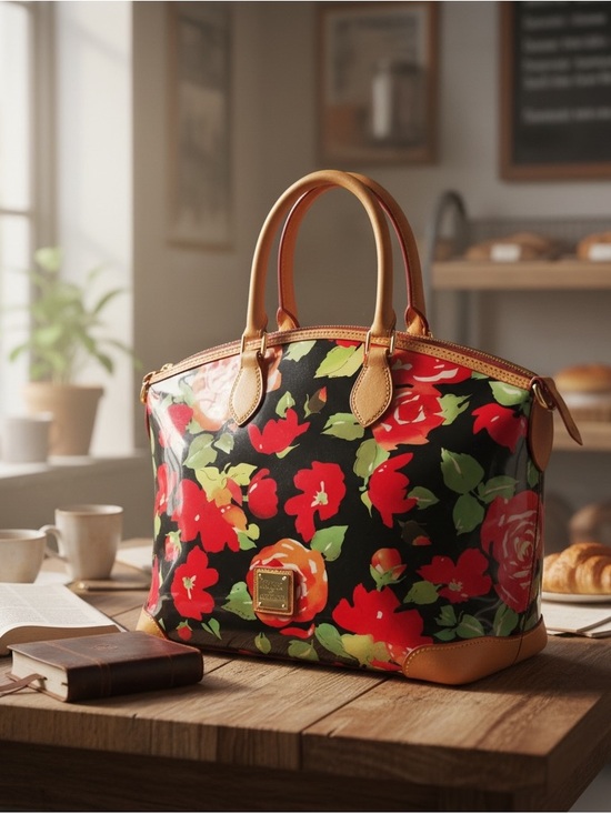 Dooney & Bourke Handbags - Dooney & Bourke Garden Rose Black Floral Polyvinyl Satchel with Tan Trim